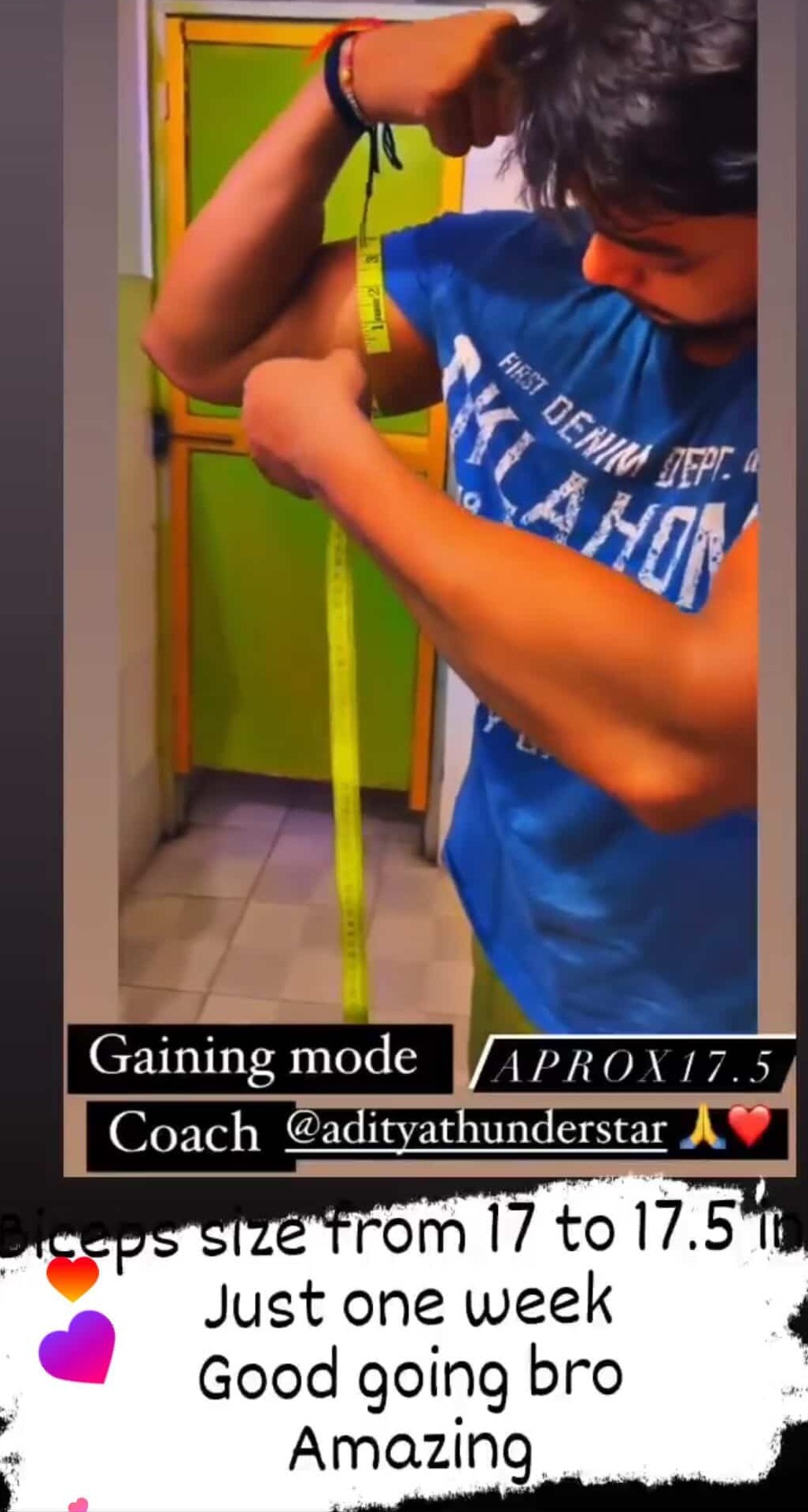 Roushan measuring 17.5 inch biceps with measuring tape